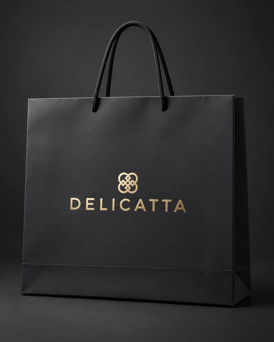 Sacola de papel preta personalizada Delicatta com logo em hot stamping dourado