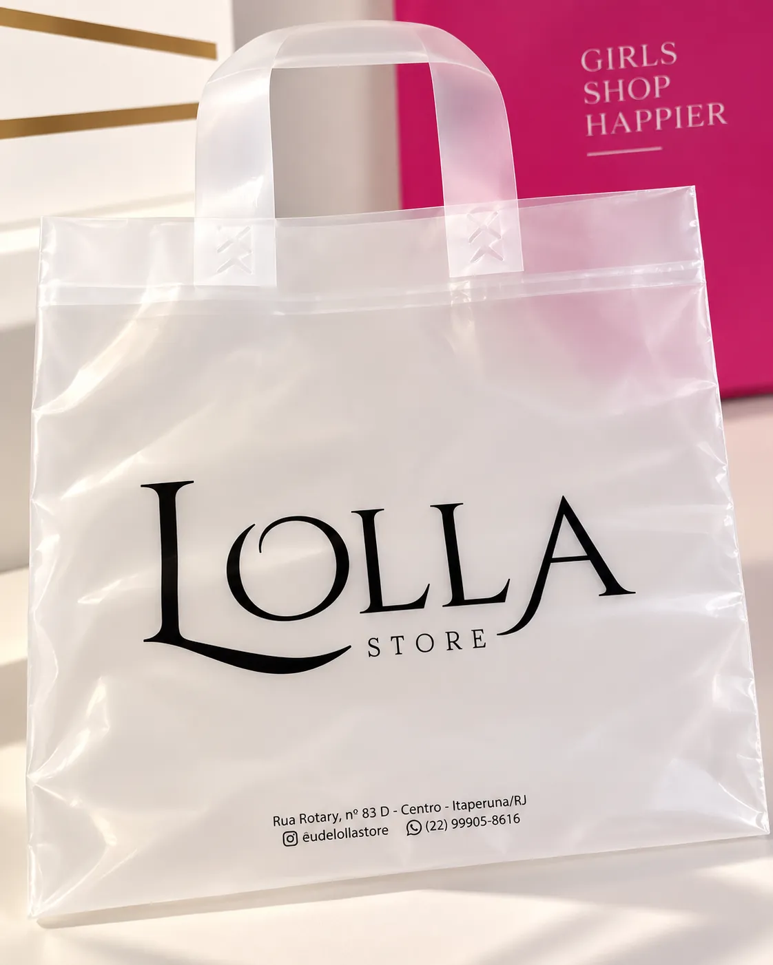 Sacola plástica branca translúcida personalizada Lolla Store